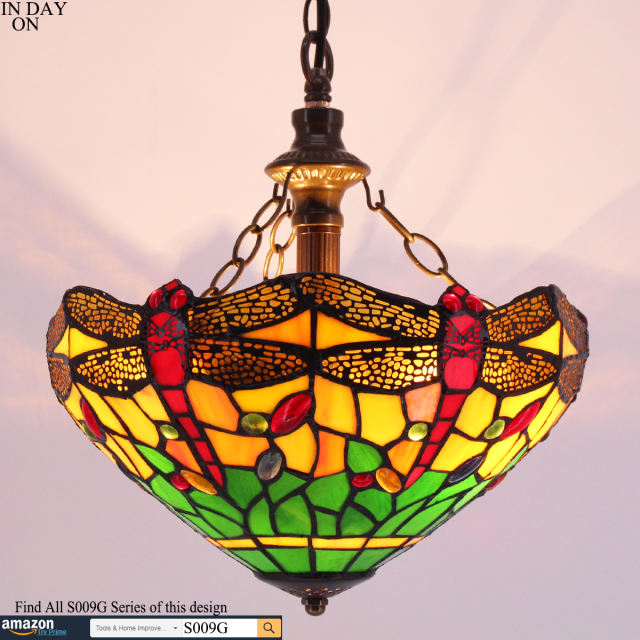 Tiffany Pendant Lighting for Kitchen Island Fixture Plug in Cord 12 Inch  Green Yellow Stained Glass Dragonfly Shade Rustic LED Hanging Lamp Mini Farmhouse Antique Chandelier Swag for Dining Room WERFACTORY