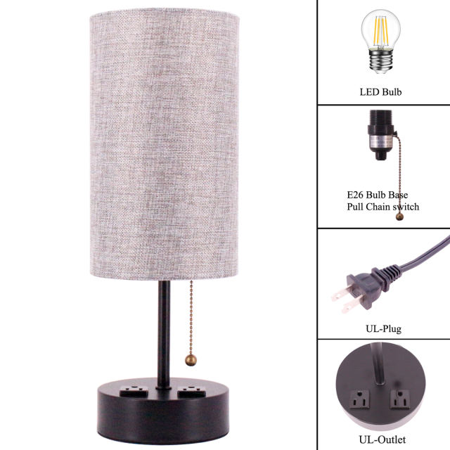 Bedside Table Lamp, Modern Simple Nightstand Lamp - Pull Chain Control - Black Metal Base with 2 AC Outlets, Round Grey Fabric Desk Reading Light for Small Space of Living Room Bedroom WERFACTORY