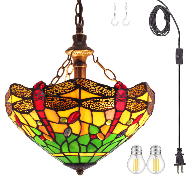 Tiffany Pendant Lighting for Kitchen Island Fixture Plug in Cord 12 Inch  Green Yellow Stained Glass Dragonfly Shade Rustic LED Hanging Lamp Mini Farmhouse Antique Chandelier Swag for Dining Room WERFACTORY