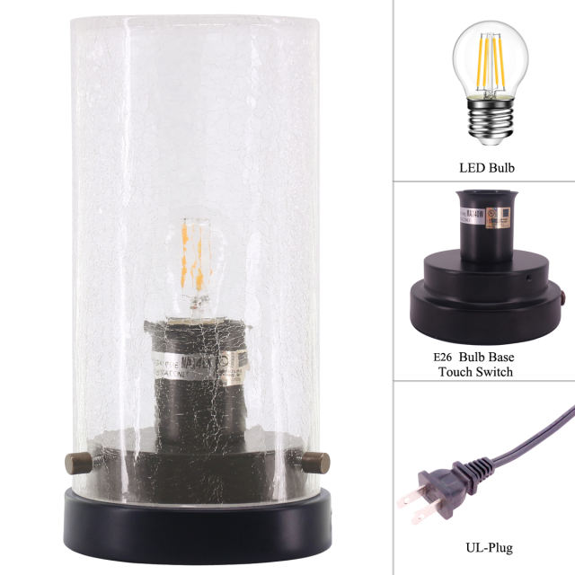 Touch Table Lamp - Mini Bedside Lamp with Glass Seeded Shade, Nightstand Lamp with Black Metal Tower Base, Touch Sensor Control Night Light of Small Space for Living Room Bedroom Dining Room WERFACTORY