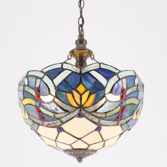 Tiffany Pendant Lighting for Kitchen Island Fixture Plug in Cord 12&quot; Blue Stained Glass Lotus Flower Shade Industrial LED Hanging Lamp Rustic Farmhouse Chandelier Hallway Living Dining Room WERFACTORY