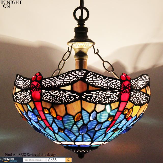 Tiffany Pendant Lighting for Kitchen Island Fixture Plug in Cord 12 Inch Yellow Blue Stained Glass Dragonfly Shade Rustic LED Hanging Lamp Mini Farmhouse Antique Chandelier Swag for Dining Room WERFACTORY