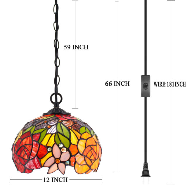 Tiffany Pendant Lighting for Kitchen Island Fixture Plug in Cord 12 inch Red Yellow Rose Stained Glass  Shade Rustic LED Hanging Lamp Mini Farmhouse Antique Chandelier Swag for Dining Room WERFACTORY