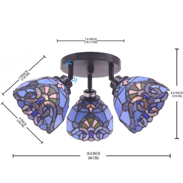 Tiffany Ceiling Fixture 3 Spot Light Chandelier 6 Inch Blue Purple Baroque Stained Glass Lampshade E26 LED Light WERFACTORY Lamp Adjustable Hanging Pendant Style Bedroom Kids Room Diningroom Vintage Art Dec Gift