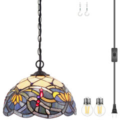 Tiffany Pendant Lighting for Kitchen Island Fixture Plug in Cord 12 inch Blue Lotus Stained Glass  Shade Rustic LED Hanging Lamp Mini Farmhouse Antique Chandelier Swag for Dining Room WERFACTORY