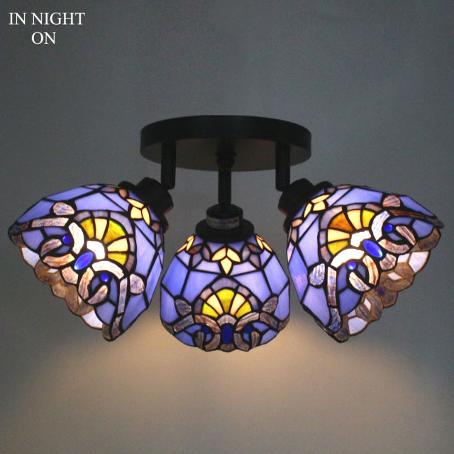 Tiffany Ceiling Fixture 3 Spot Light Chandelier 6 Inch Blue Purple Baroque Stained Glass Lampshade E26 LED Light WERFACTORY Lamp Adjustable Hanging Pendant Style Bedroom Kids Room Diningroom Vintage Art Dec Gift
