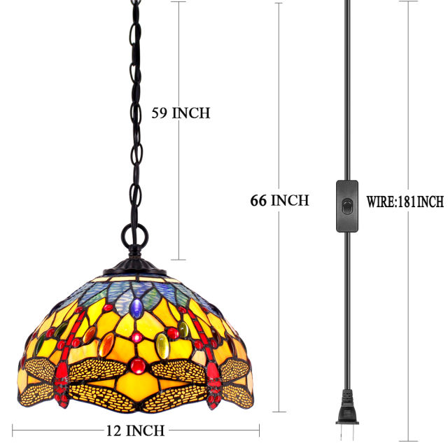 Tiffany Pendant Lighting for Kitchen Island Fixture Plug in Cord 12 inch Orange Blue Dragonfly Stained Glass  Shade Rustic LED Hanging Lamp Mini Farmhouse Antique Chandelier Swag for Dining Room WERFACTORY