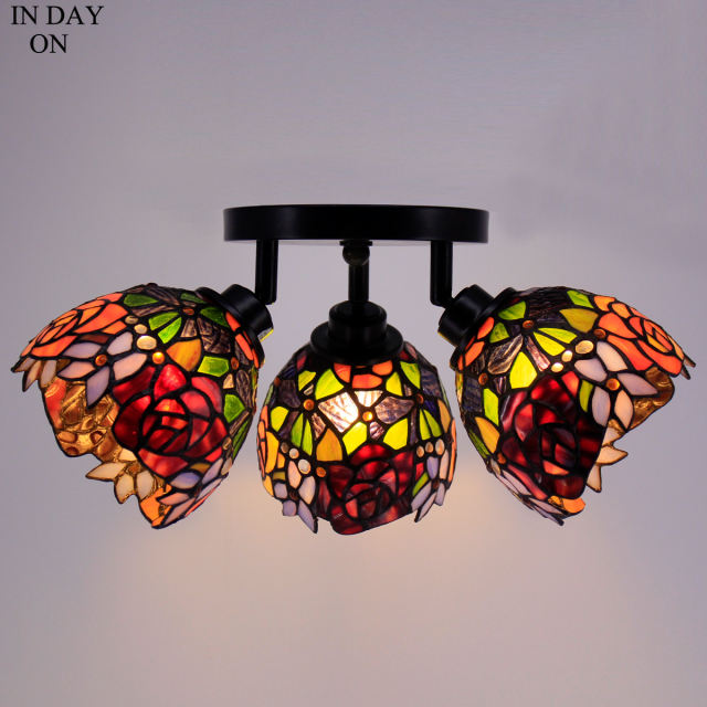 Tiffany Ceiling Fixture 3 Spot Light Chandelier 6 Inch Red Yellow Rose Red Stained Glass Lampshade E26 LED Light WERFACTORY Lamp Adjustable Hanging Pendant Style Bedroom Kids Room Diningroom Vintage Art Dec Gift