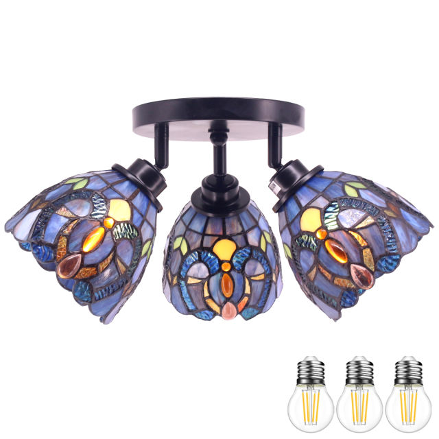 Tiffany Ceiling Fixture 3 Spot Light Chandelier 6 Inch Purple Cloudy Stained Glass Lampshade E26 LED Light WERFACTORY Lamp Adjustable Hanging Pendant Style Bedroom Kids Room Diningroom Vintage Art Dec Gift