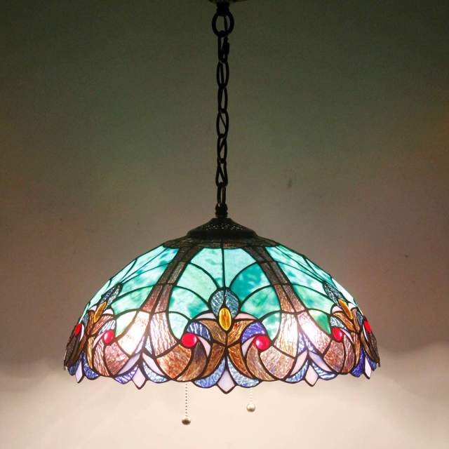 Tiffany Lamp Shade Replacement W16H7 Inch Green Stained Glass Liaison Lampshade for Table Lamps Floor Lamp Ceiling Fixture (3 Hooks Inside)Pendant Hanging Light S558 WERFACTORY Home Office Decoration