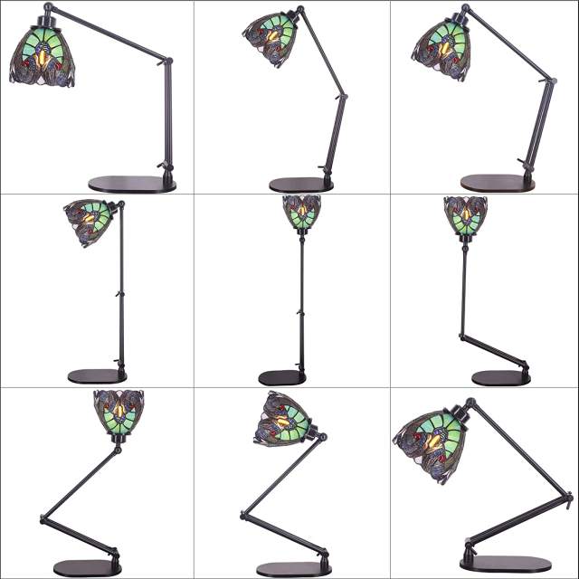 Tiffany Swing Arm Desk Lamp with 6\\\" Green Stained Glass Shade, Small Rustic Metal Black Piano Table Lamp, Adjustable Luxury Bedside Night Light for Living Room Bedroom Library Office RHLAMPS