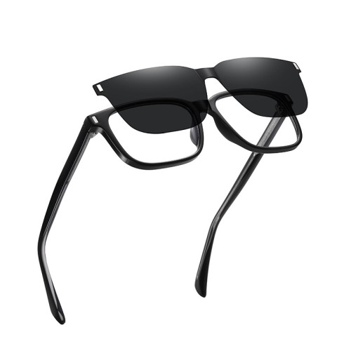 Custom Black Classic Square Polarized Magnetic Clip On Shade Sunglasses Reading Glasses