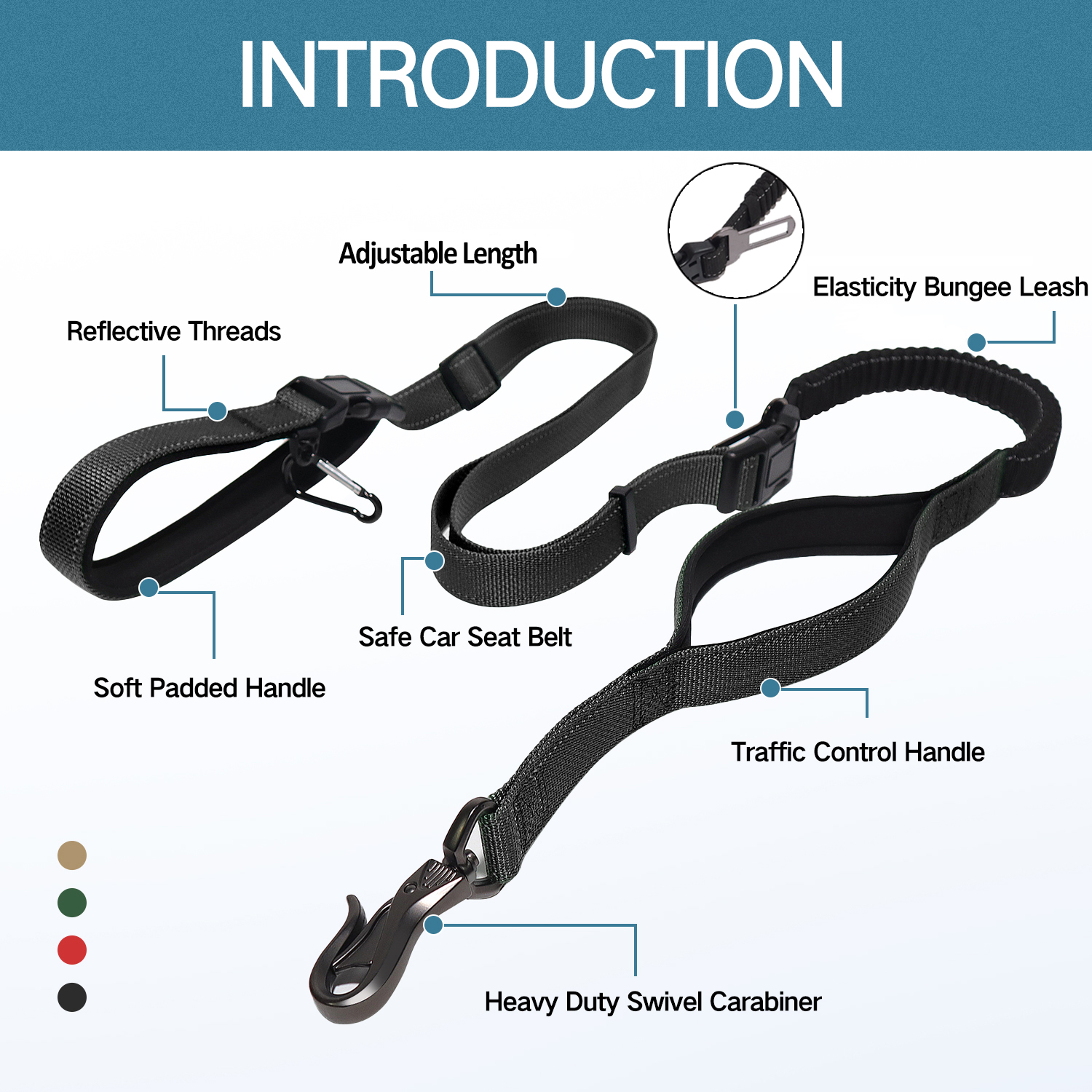 LOS ANDES Dog Leash, Heavy Duty Leash with Traffic Handle, 5-8 FT Strong Bungee Leash and Car Seatbelt, Reflective Walking Lead for Medium Dogs …