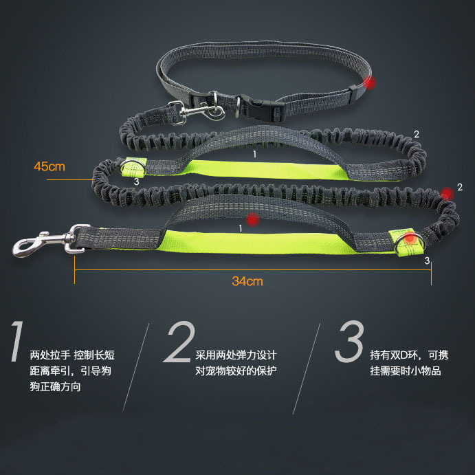 LOS ANDES Hands Free Dog Leash for Running Walking Training Hiking, Reflective Bungee, Adjustable Waist Belt, Shock Absorbing, Ideal for Medium to Large Dogs