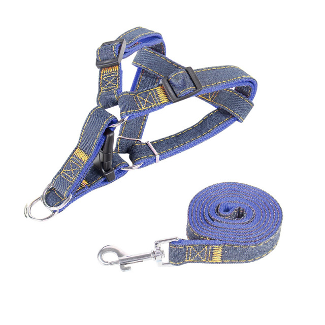 LOS ANDES Soft Touch Denim Harness & Rope Leash -Non-Slip Dog Leash & Adjustable Harness - Pet Body Harness Set for Training, Walking, Running