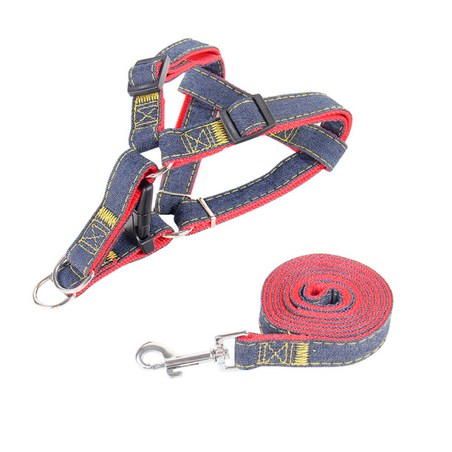 LOS ANDES Soft Touch Denim Harness & Rope Leash -Non-Slip Dog Leash & Adjustable Harness - Pet Body Harness Set for Training, Walking, Running