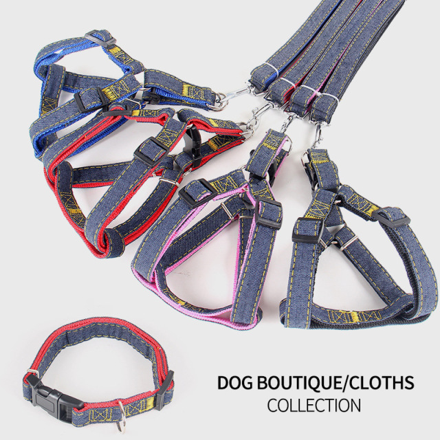 LOS ANDES Soft Touch Denim Harness & Rope Leash -Non-Slip Dog Leash & Adjustable Harness - Pet Body Harness Set for Training, Walking, Running