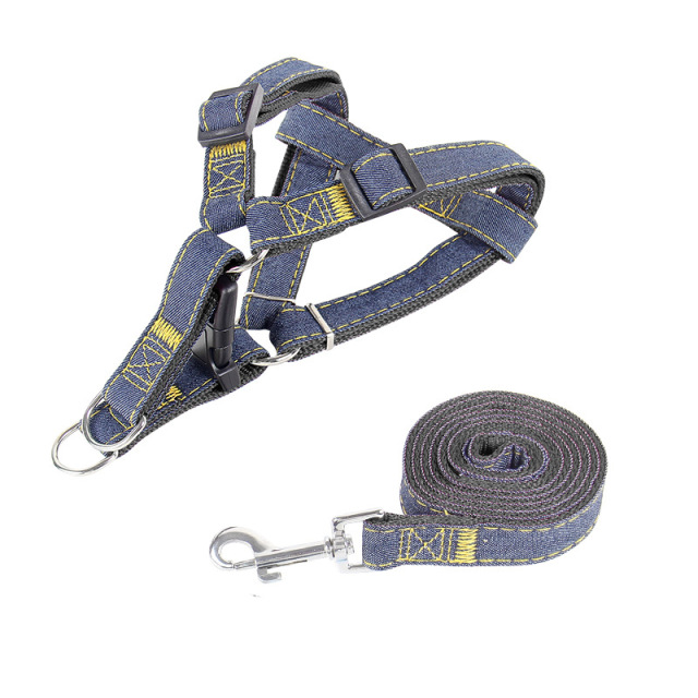LOS ANDES Soft Touch Denim Harness & Rope Leash -Non-Slip Dog Leash & Adjustable Harness - Pet Body Harness Set for Training, Walking, Running