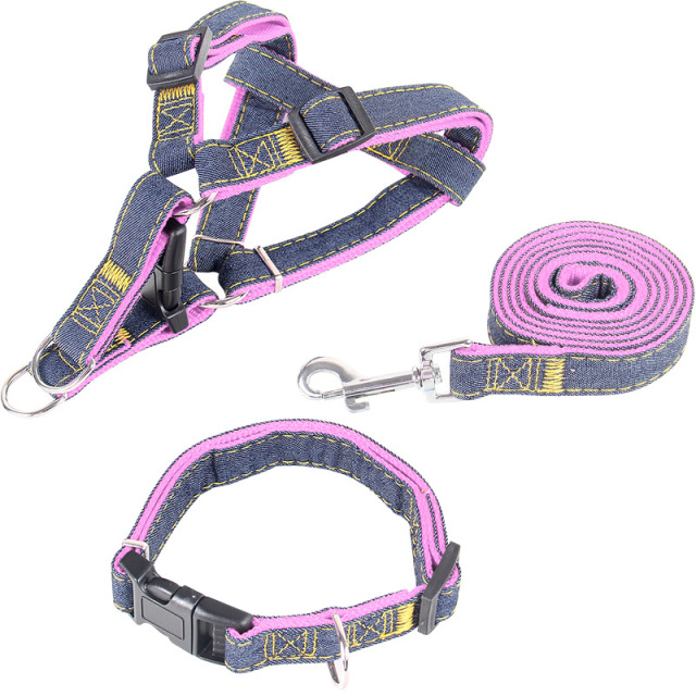 LOS ANDES Soft Touch Denim Harness & Rope Leash -Non-Slip Dog Leash & Adjustable Harness - Pet Body Harness Set for Training, Walking, Running