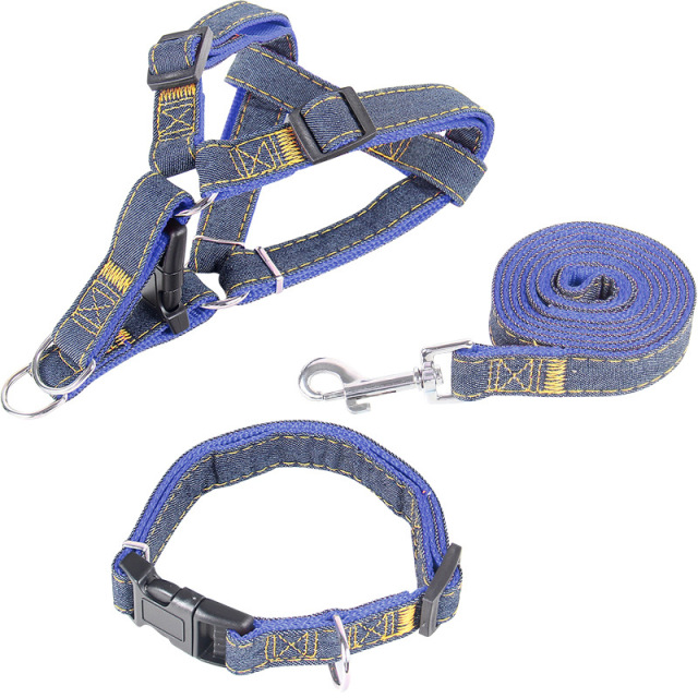 LOS ANDES Soft Touch Denim Harness & Rope Leash -Non-Slip Dog Leash & Adjustable Harness - Pet Body Harness Set for Training, Walking, Running