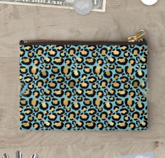 Blue Turquoise Gold Metallic Leopard Print Fur Spots Zipper Pouch