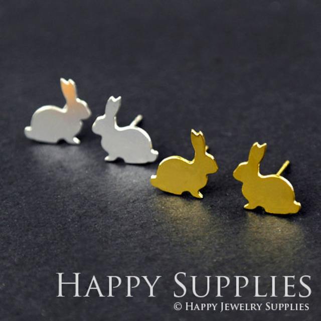 Stud Earrings, Rabbit Brass Earrings, Raw Brass Stud Earrings With Stainless Steel Earring Posts, Earring Stud Findings (ZEN022) 4pcs/Lot