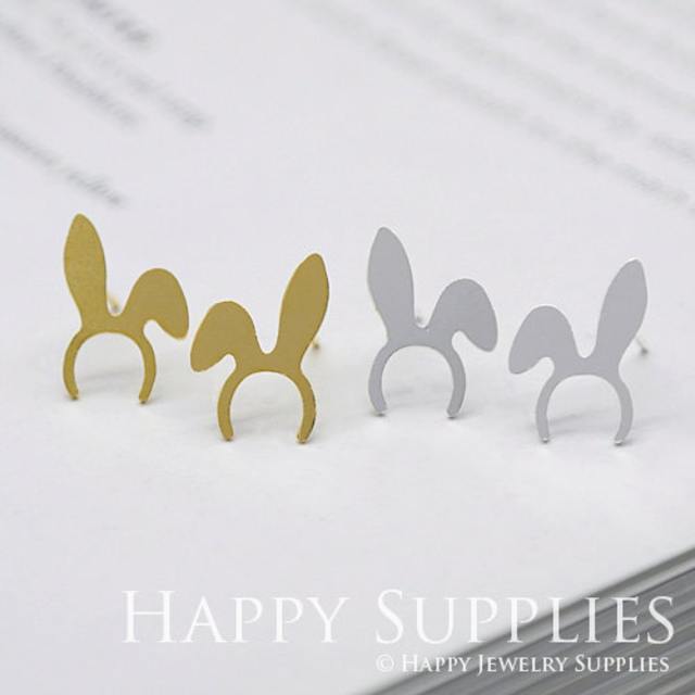 Stud Earrings, Rabbit Ear Brass Earrings, Raw Brass Stud Earrings With Stainless Steel Earring Posts, Earring Stud Findings (ZEN070) 4pcs/Lot