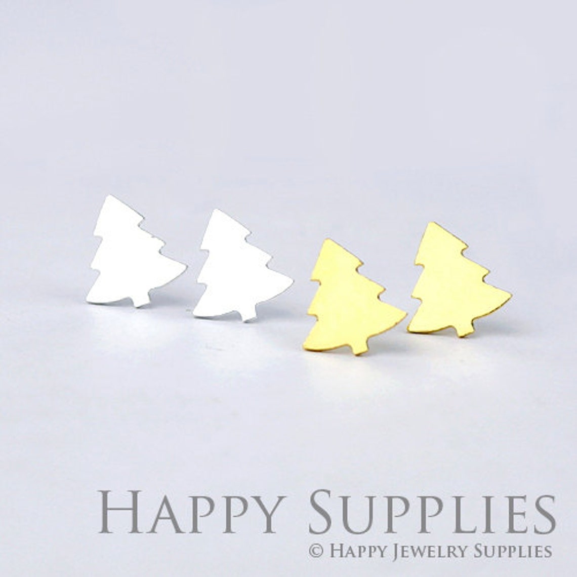 Stud Earrings, Christmas Tree Brass Earrings, Raw Brass Stud Earrings With Stainless Steel Earring Posts, Earring Stud Findings (ZEN035) 4pcs/Lot