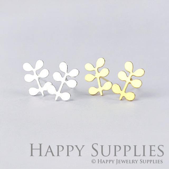 Stud Earrings,Little Grass Brass Earrings, Raw Brass Stud Earrings With Stainless Steel Earring Posts, Earring Stud Findings (ZEN039) 4pcs/Lot