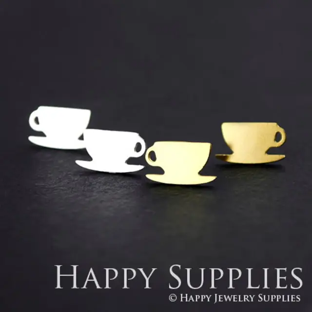 Stud Earrings, Coffee Cup Brass Earrings, Raw Brass Stud Earrings With Stainless Steel Earring Posts, Earring Stud Findings (ZEN097) 4pcs/Lot