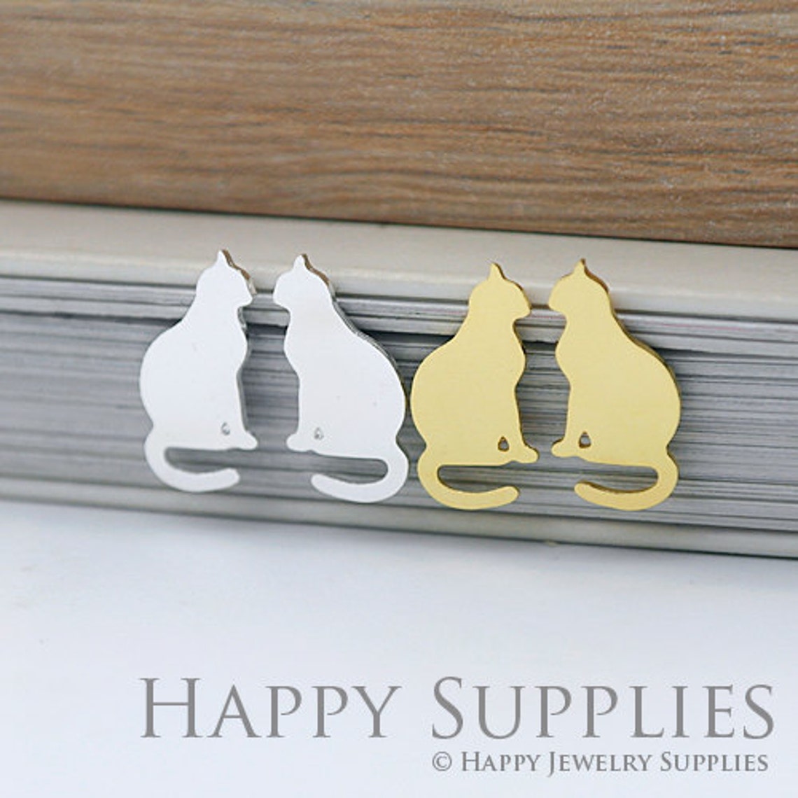 Stud Earrings, Cat Brass Earrings, Raw Brass Stud Earrings With Stainless Steel Earring Posts, Earring Stud Findings (ZEN068) 4pcs/Lot