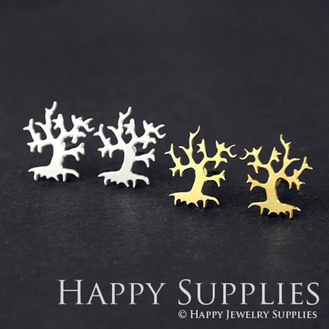 Stud Earrings, Ghost Tree Brass Earrings, Raw Brass Stud Earrings With Stainless Steel Earring Posts, Earring Stud Findings (ZEN034) 4pcs/Lot