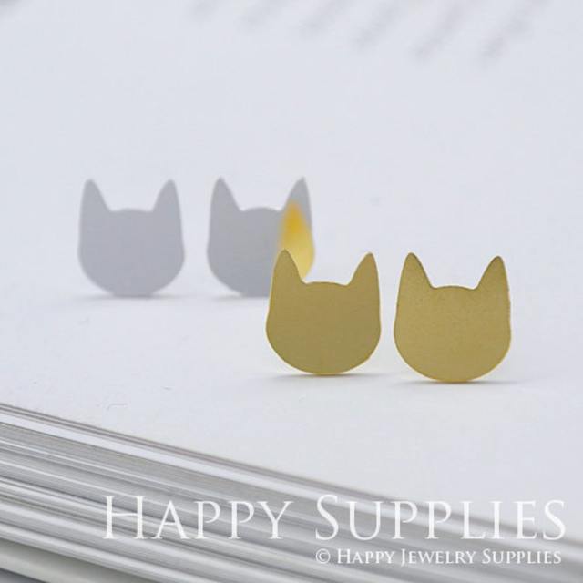 Stud Earrings, Cat Head Brass Earrings, Raw Brass Stud Earrings With Stainless Steel Earring Posts, Earring Stud Findings (ZEN096) 4pcs/Lot