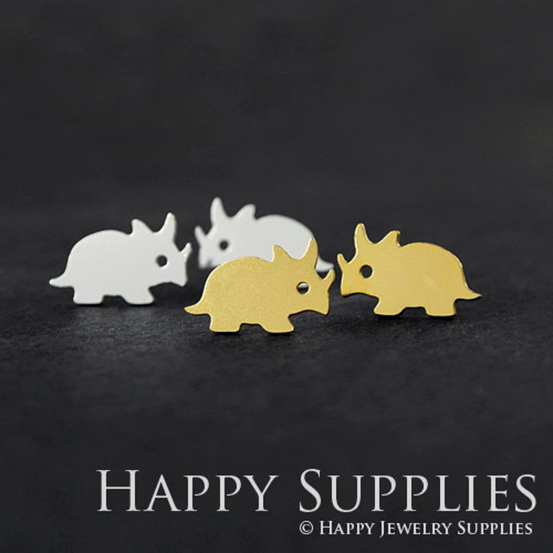 Stud Earrings, Rhinoceros Brass Earrings, Raw Brass Stud Earrings With Stainless Steel Earring Posts, Earring Stud Findings (ZEN089) 4pcs/Lot