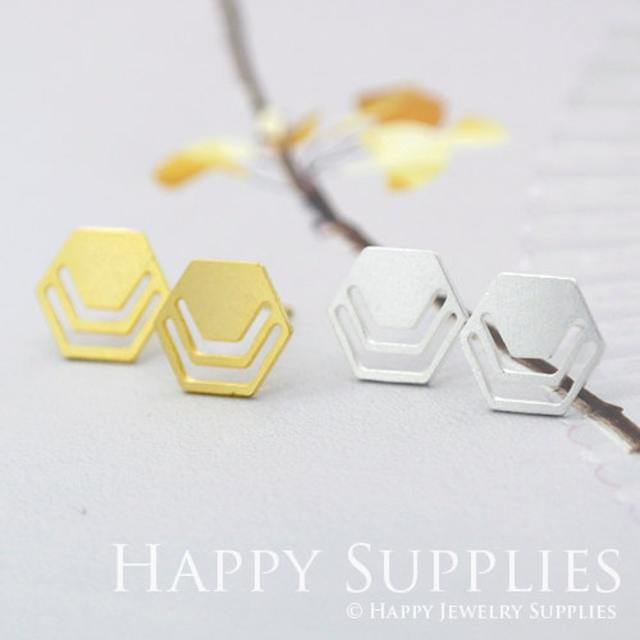 Stud Earrings, Hexagon Brass Earrings, Raw Brass Stud Earrings With Stainless Steel Earring Posts, Earring Stud Findings (ZEN011) 4pcs/Lot