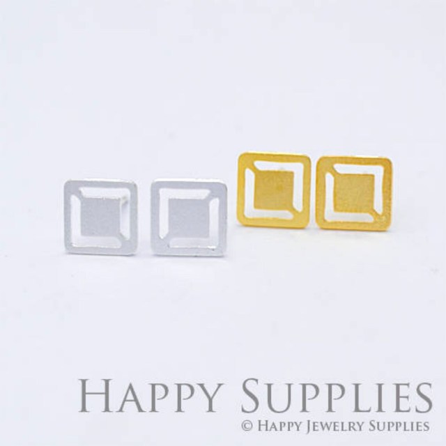 Stud Earrings, Square Brass Earrings, Raw Brass Stud Earrings With Stainless Steel Earring Posts, Earring Stud Findings (ZEN149) 4pcs/Lot