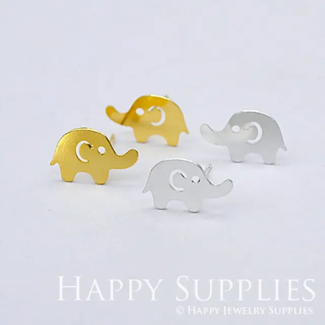 Stud Earrings, Elephant Brass Earrings, Raw Brass Stud Earrings With Stainless Steel Earring Posts, Earring Stud Findings (ZEN112) 4pcs/Lot