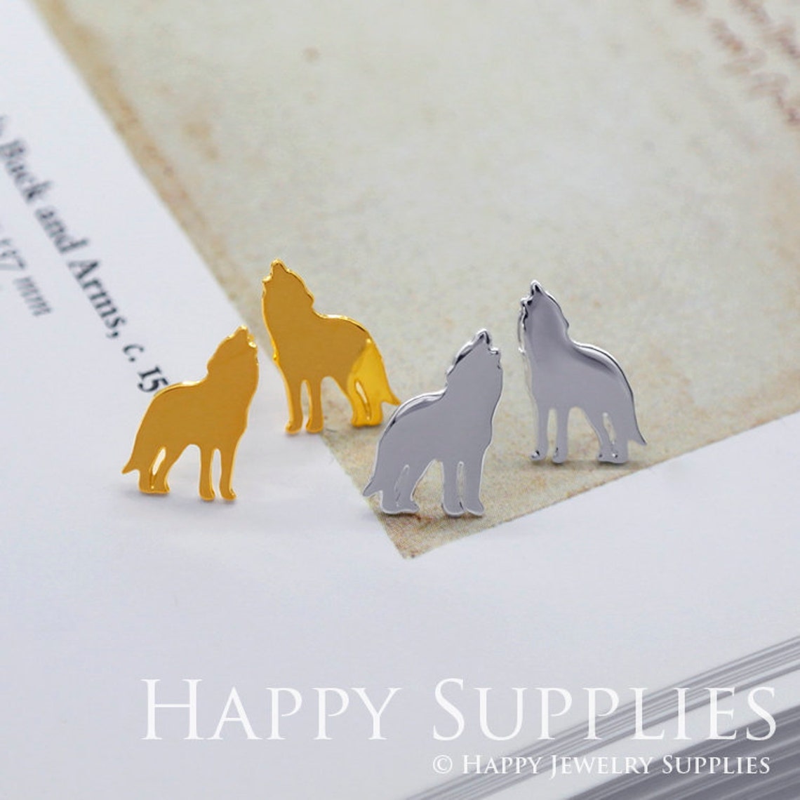 Stud Earrings,  Wolf Brass Earrings, Raw Brass Stud Earrings With Stainless Steel Earring Posts, Earring Stud Findings (ZEN230) 4pcs/Lot
