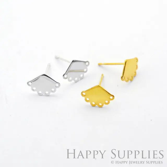 Stud Earrings, Fan Brass Earrings, Raw Brass Stud Earrings With Stainless Steel Earring Posts, Earring Stud Findings (ZEN238) 4pcs/Lot
