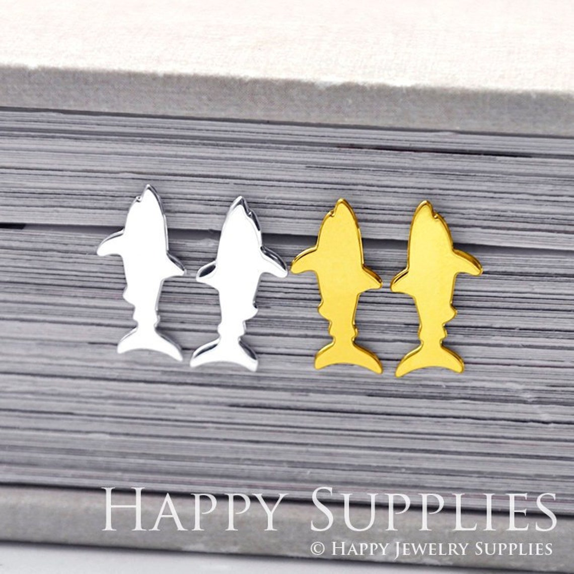 Stud Earrings,Shark Brass Earrings, Raw Brass Stud Earrings With Stainless Steel Earring Posts, Earring Stud Findings (ZEN206) 4pcs/Lot