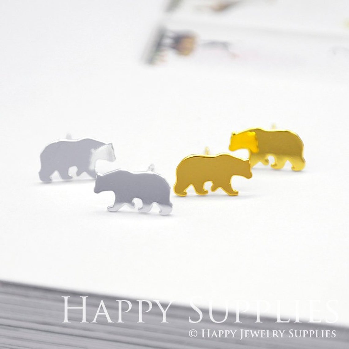 Stud Earrings, Polar Bear Brass Earrings, Raw Brass Stud Earrings With Stainless Steel Earring Posts, Earring Stud Findings (ZEN160) 4pcs/Lot