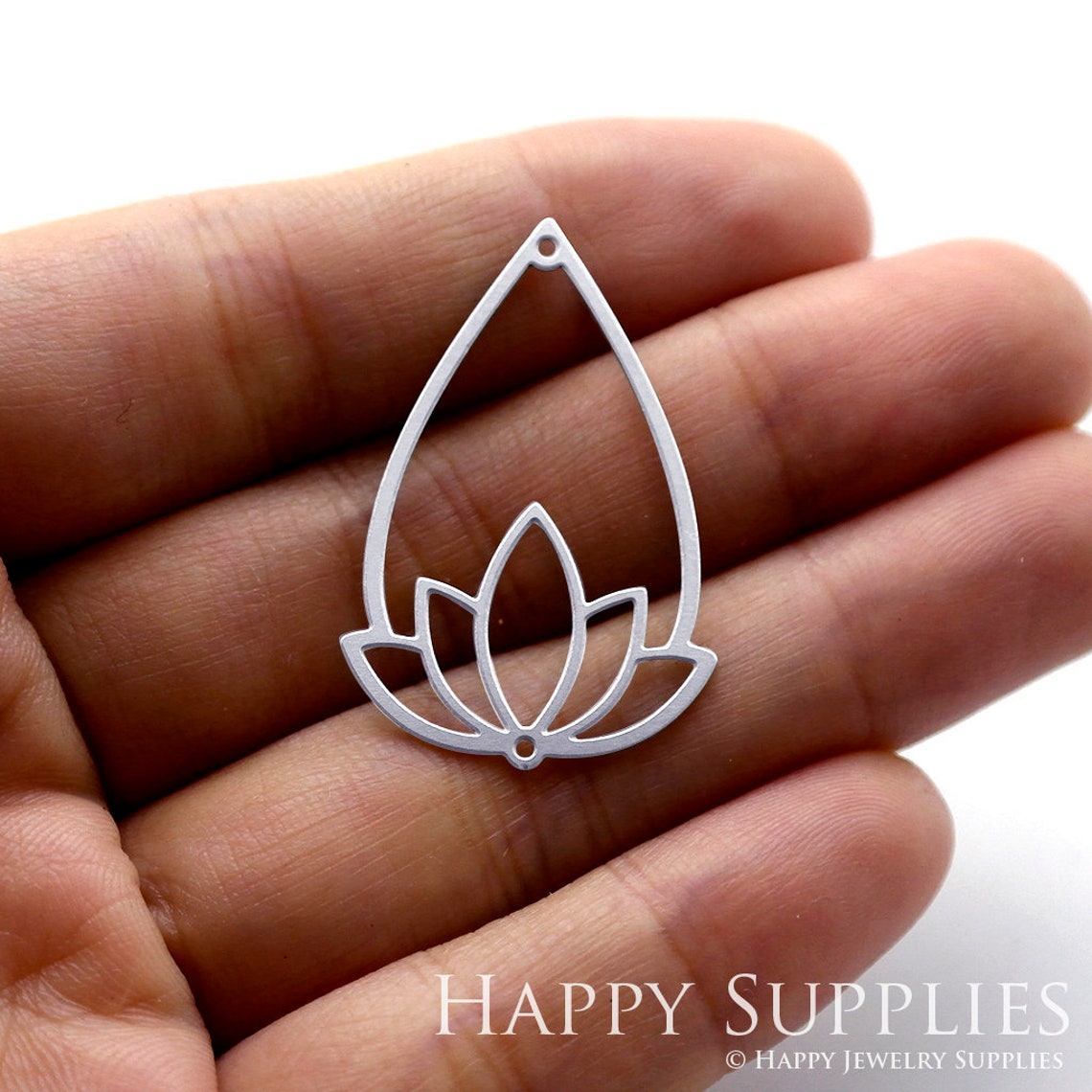 Stainless Steel Jewelry Charms, Lotus Stainless Steel Earring Charms, Stainless Steel Silver Jewelry Pendants, Stainless Steel Silver Jewelry Findings, Stainless Steel Pendants Jewelry Wholesale 21x33mm (SSD1194)