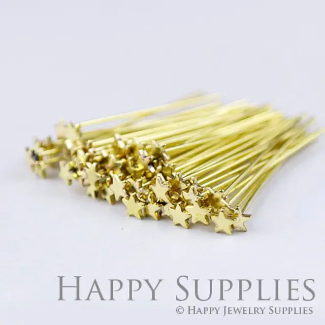 50pcs Nickel Free - 33mm Long Raw Brass Star End Headpin (ZZ133-R)