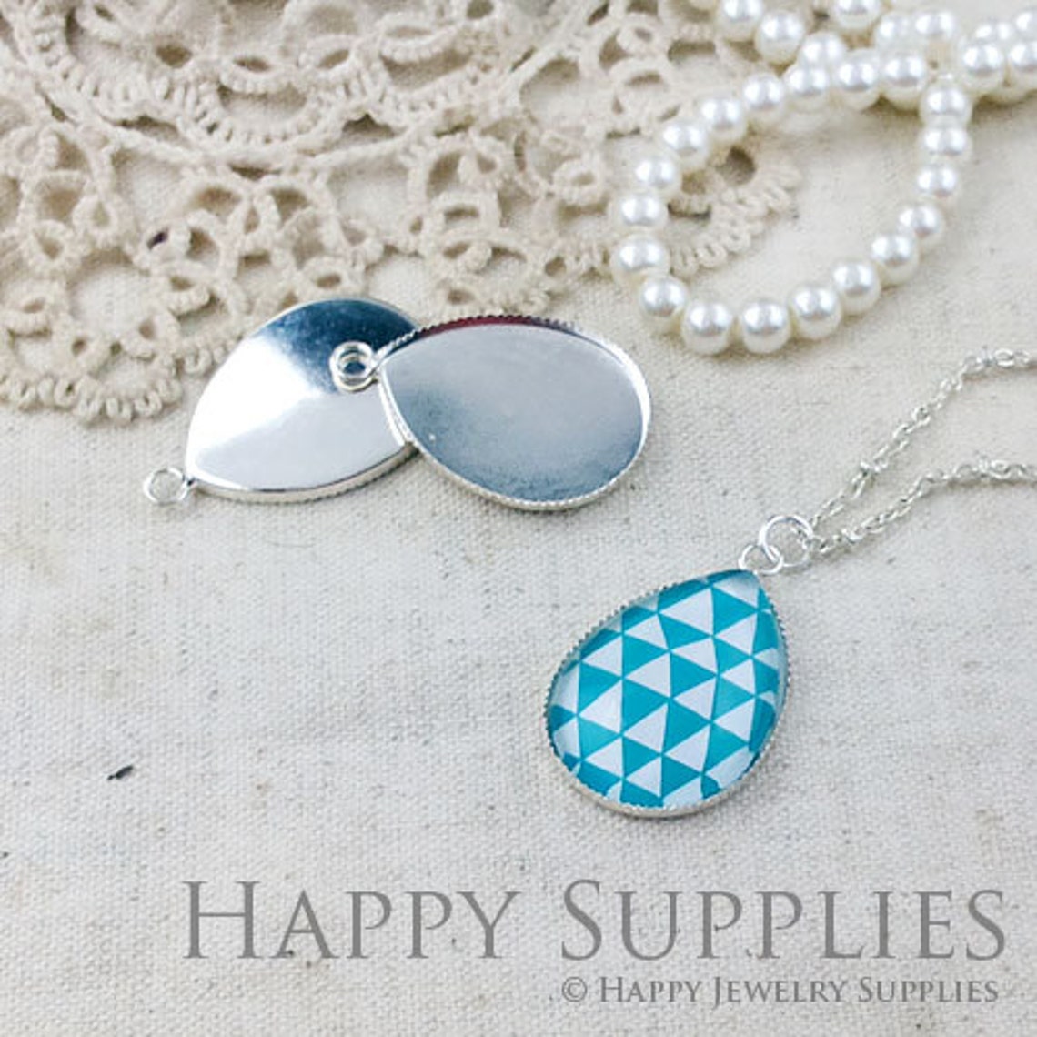 10/50pcs Silver Plated Teardrop With 13X18mm / 18x25mm Teardrop Pendant Base (07134-S)