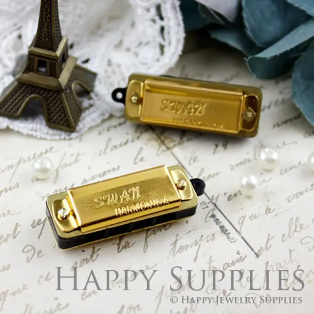 2 Mini Glod Vintage Style Harmonica Pendants (H01G)