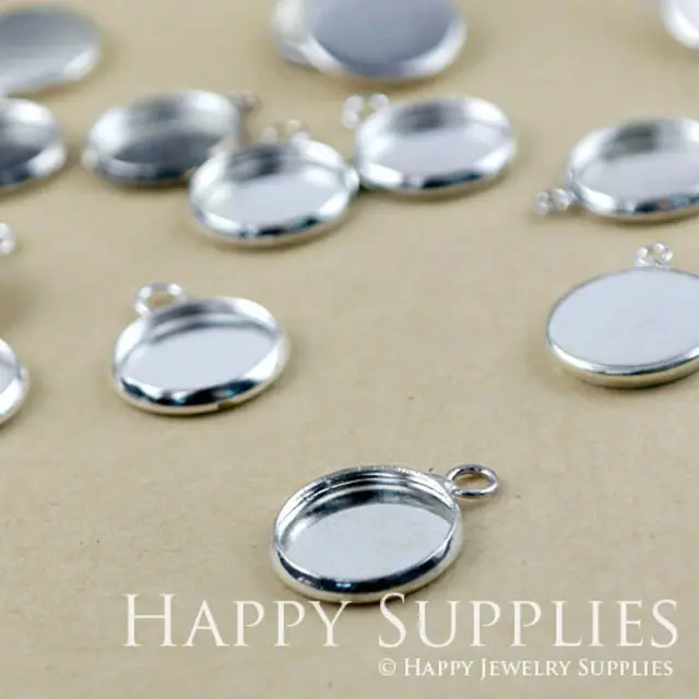 10Pcs 12 mm Silver Plated Brass Cabochon Pendant Base with 1 loop (GD131)