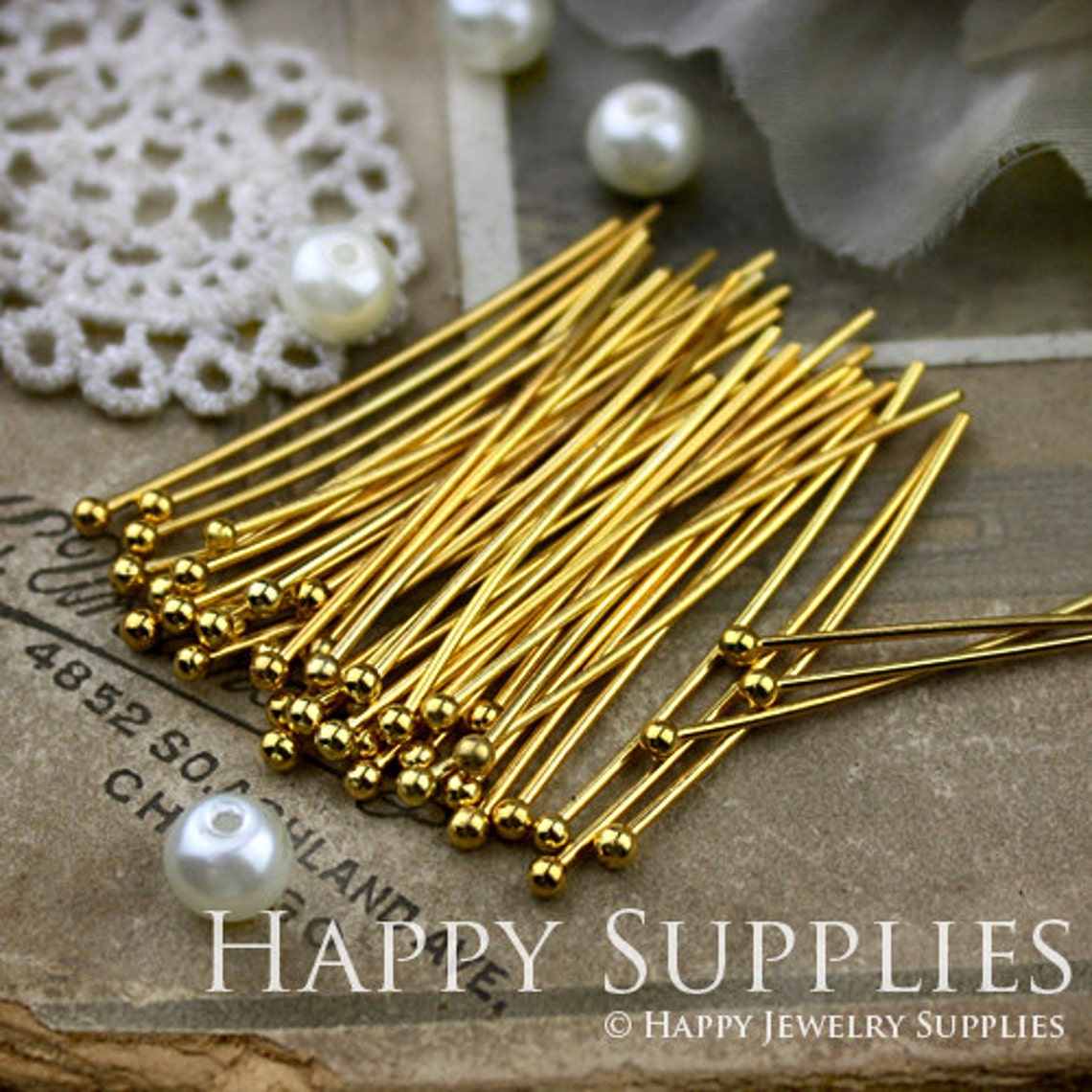 90pcs Brass Nickel Free - High Quality 30mm Long Golden Brass Ball End Headpins (20317)
