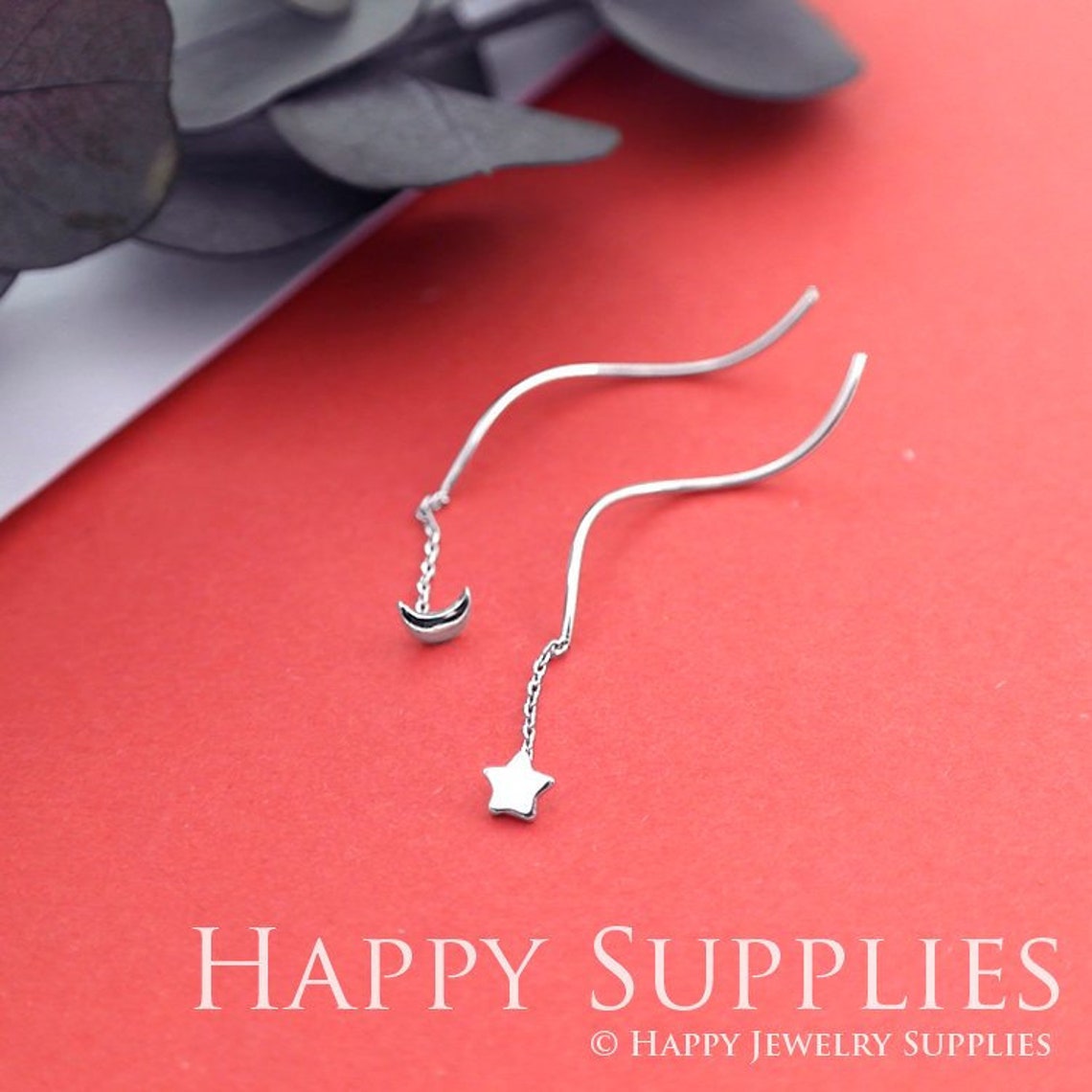 1 Pair Sterling Silver Geometry Star Moon Threader Earring / Geometry Jewelry / Everyday Jewelry / Perfect Gift For Her (ZE201)
