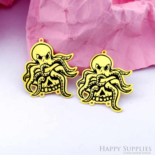 Making Jewelry Findings Raw Brass Bead Pendant Laser Cut Engraved Black Octopus Charm For DIY Necklace Earrings(ERD298)