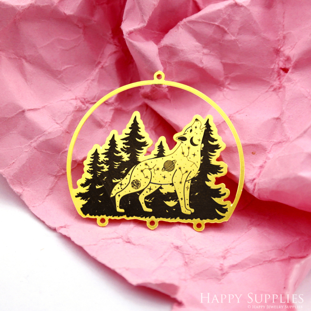 Making Jewelry Findings Raw Brass Bead Pendant Laser Cut Engraved Black Wolf Charm For DIY Necklace Earrings(ERD260)